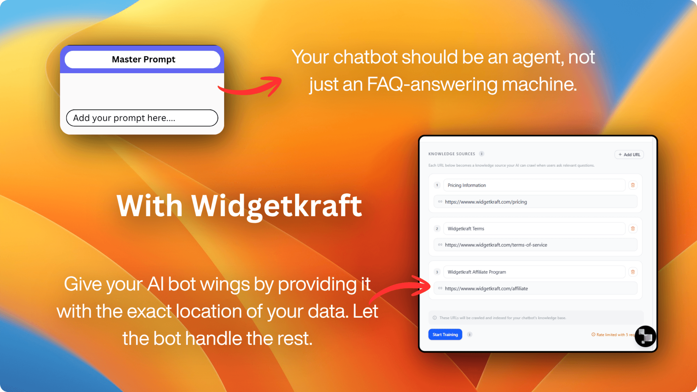 Knowledge base builder showing multiple URL inputs for docs, terms, testimonials, and FAQs