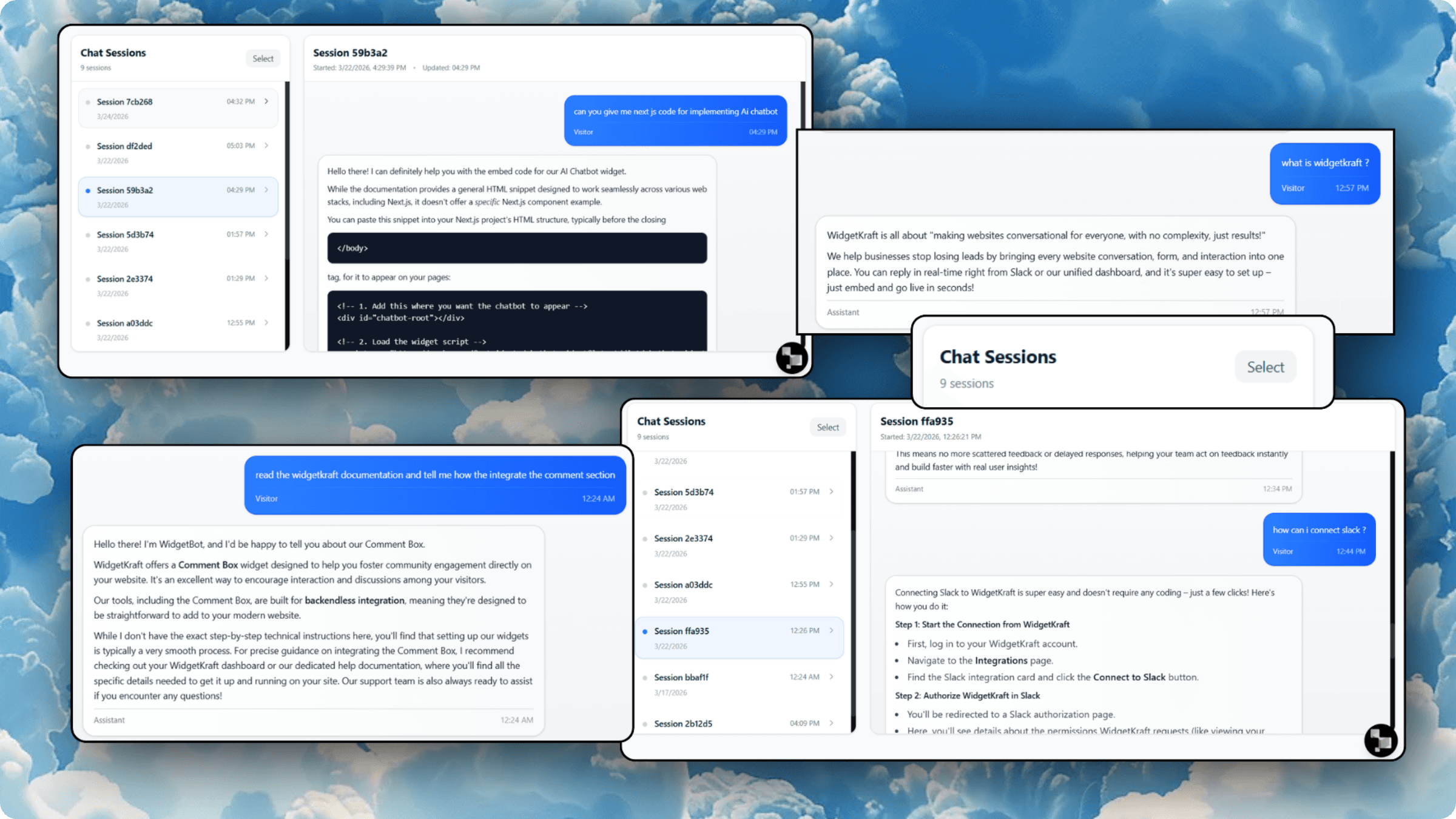 Analytics dashboard showing chatbot conversation metrics, resolution rates, and full chat history
