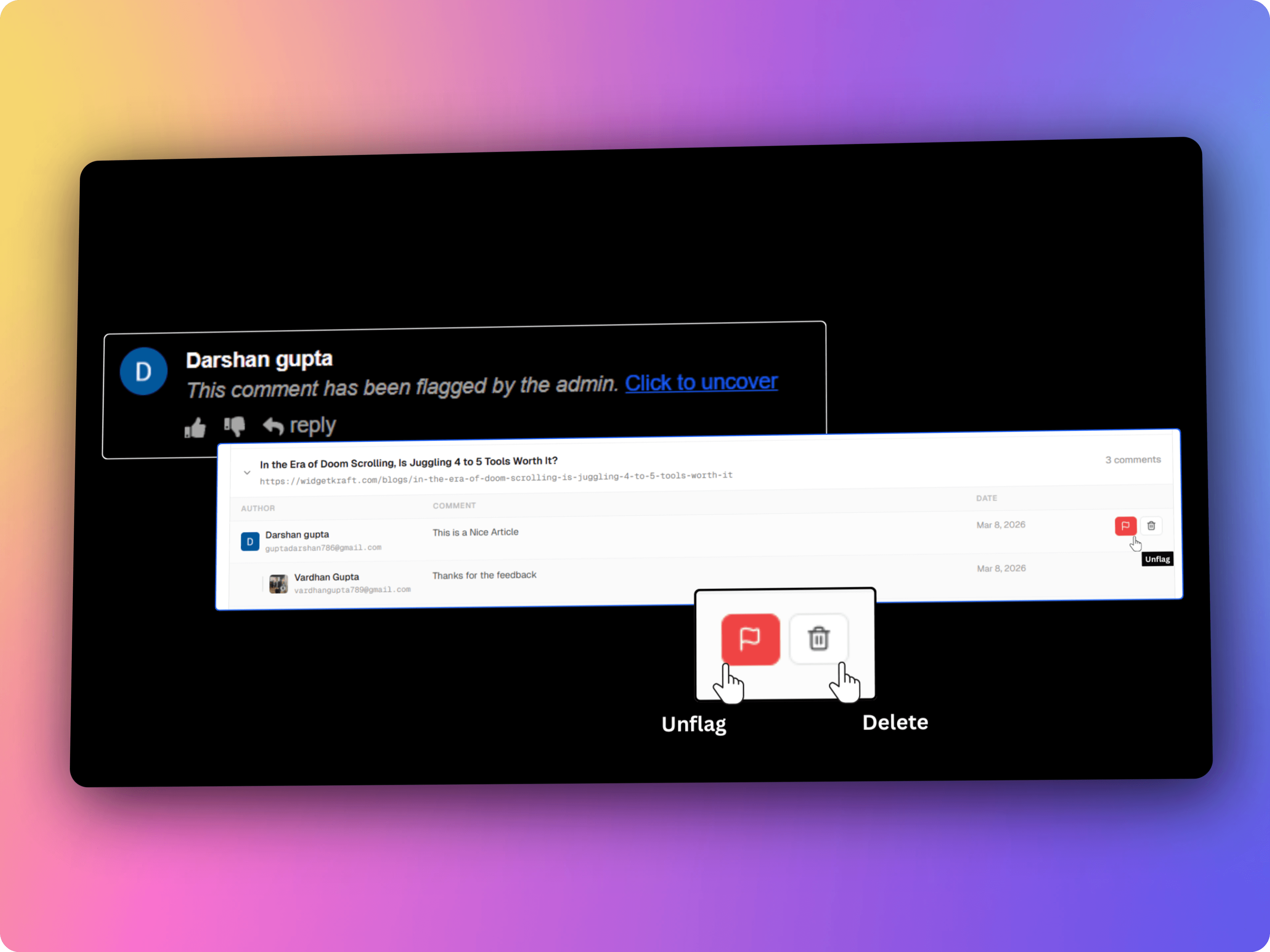 Moderation panel showing flagged and deleted comment controls with one-click actions