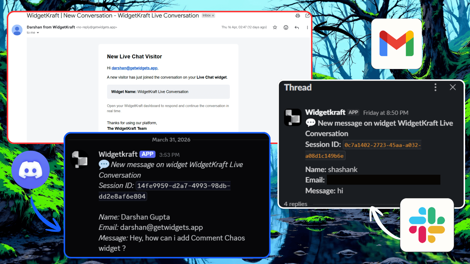 Email alert showing visitor name, first message, and source page with dashboard link