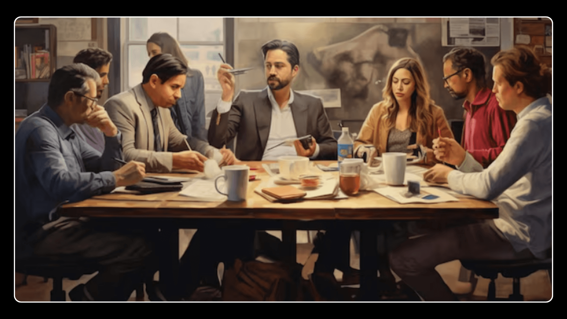 Small group discussion around a table with a business owner listening to clients.