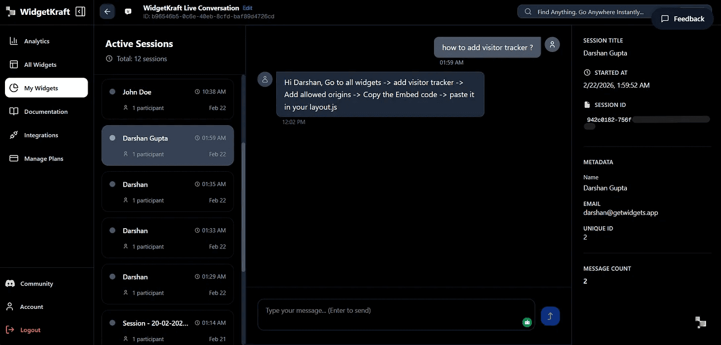 WidgetKraft live chat Dashboard
