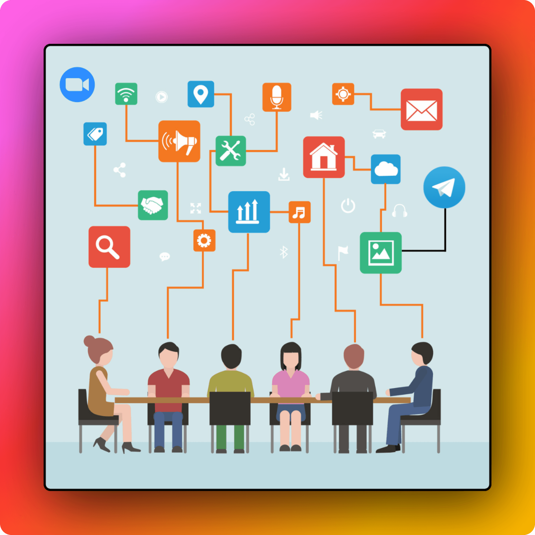 Illustration showing a fragmented communication stack with multiple tools for different purposes