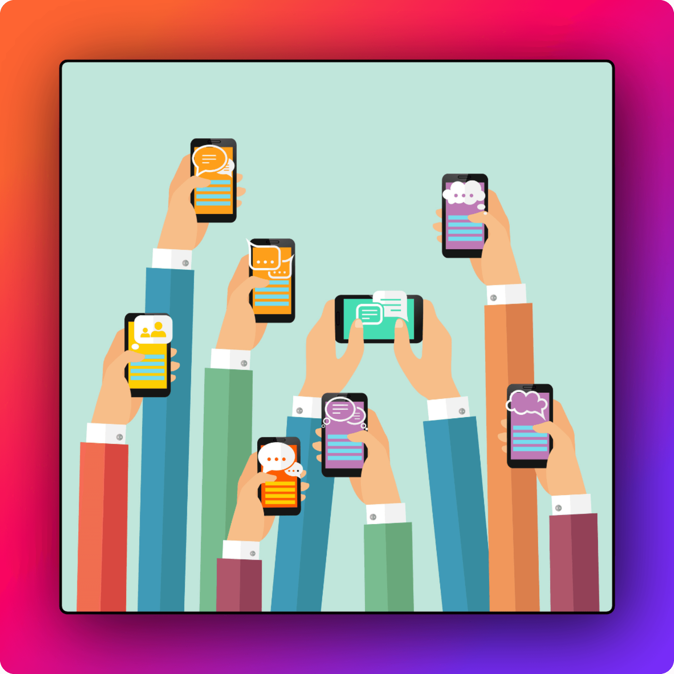 Team members each holding different app icons.