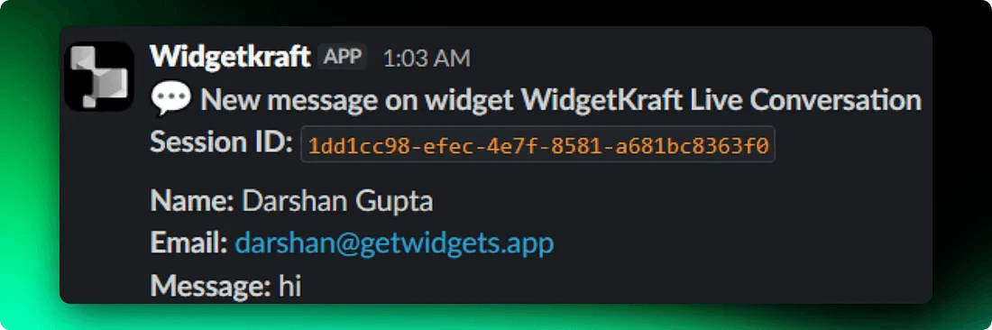 Website chat widget message arriving directly in a Slack channel